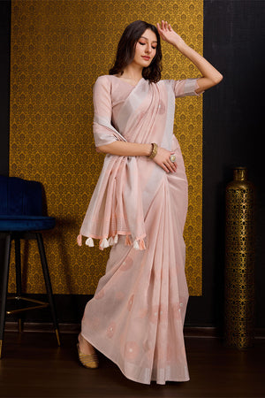 Peach Linen Silk Saree With Blouse Piece