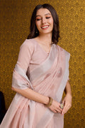 Peach Linen Silk Saree With Blouse Piece