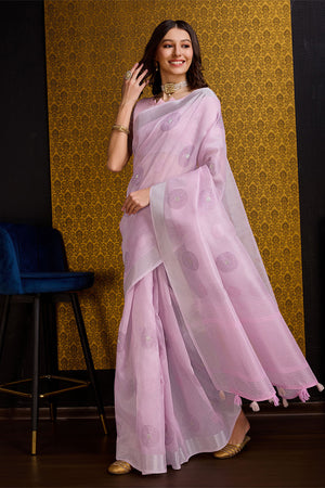 Pink Linen Silk Saree With Blouse Piece