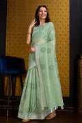 Green Linen Silk Saree With Blouse Piece