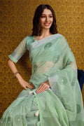 Green Linen Silk Saree With Blouse Piece