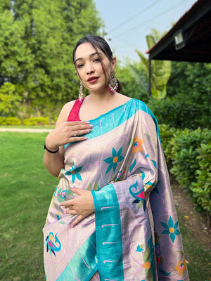 Lavender Paithani Silk Saree With Blouse Piece