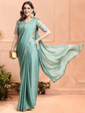 Green Chiffon Ready To Wear Saree With Blouse Piece