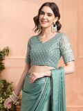 Green Chiffon Ready To Wear Saree With Blouse Piece