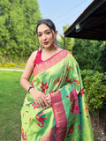 Lime Green Paithani Silk Saree With Blouse Piece