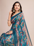 Light Blue Linen Blend Saree With Blouse Piece