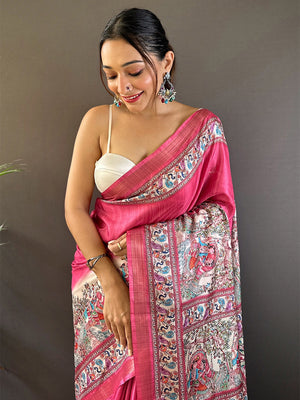 Pink Tussar Silk Saree With Blouse Piece