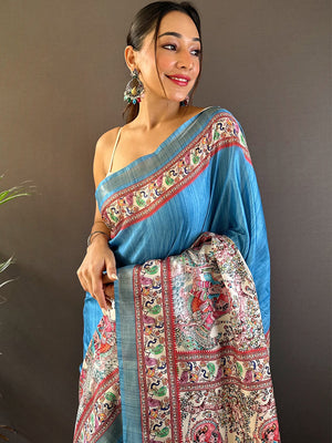 Blue Tussar Silk Saree With Blouse Piece