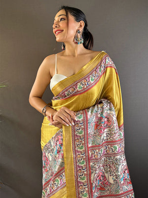 Yellow Tussar Silk Saree With Blouse Piece