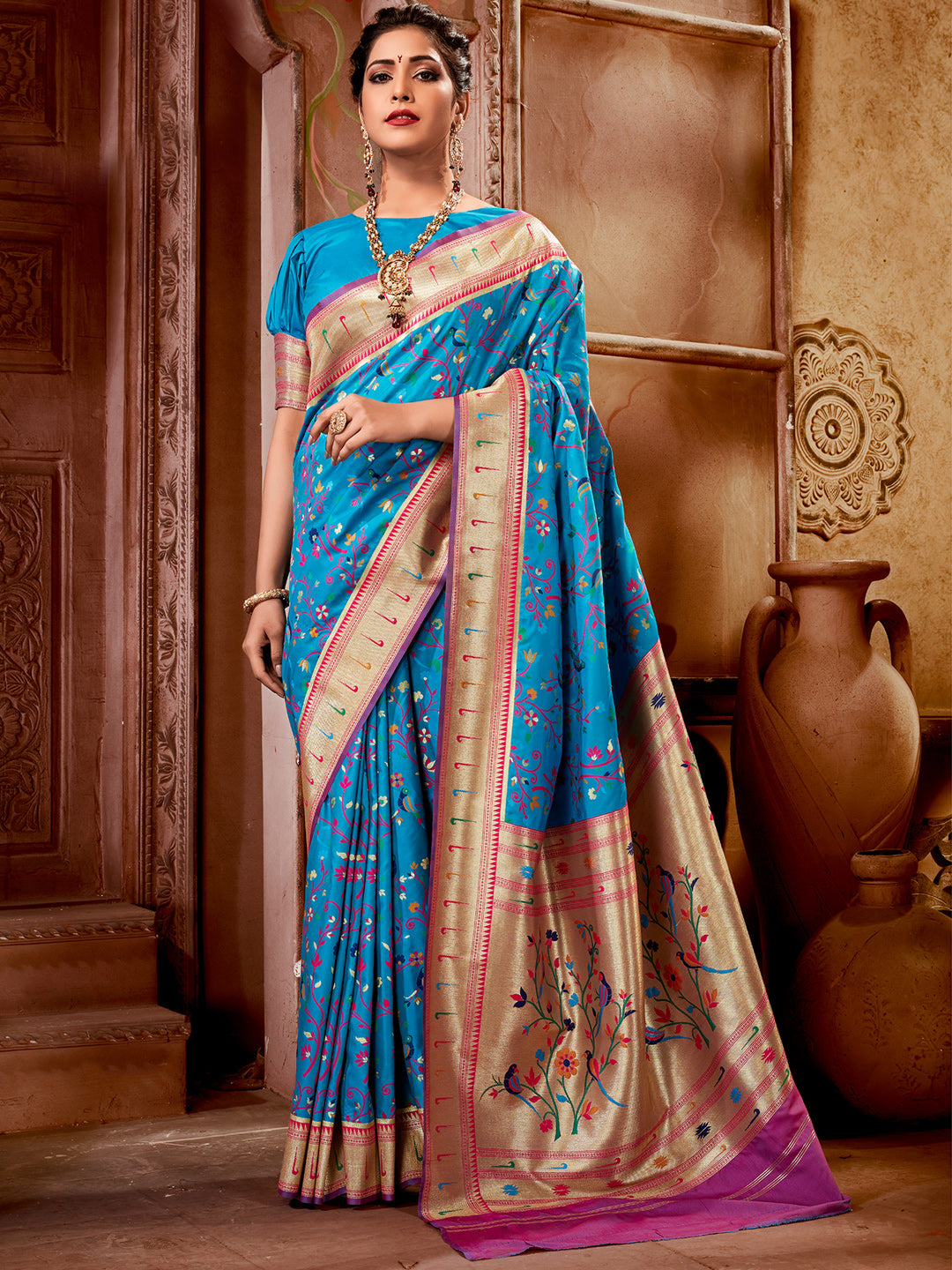 Peacock blue handloom silk paithani saree – OnlyPaithani