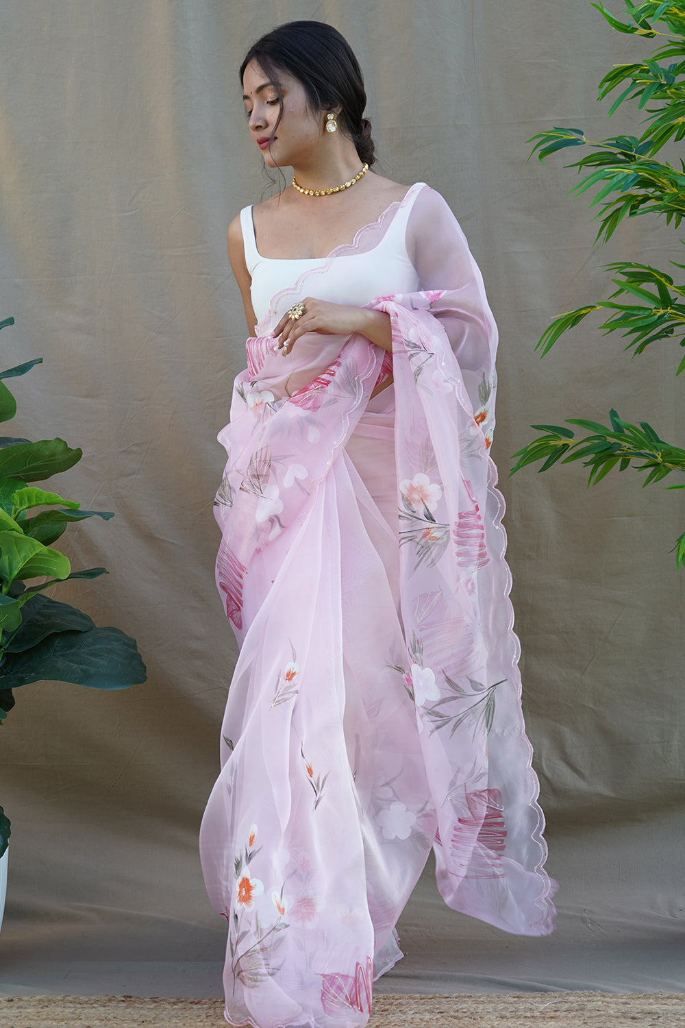 Gazing Soft Pink Rose Printed Pure Organza Saree – Organza Mall