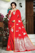 Red Paper Silk Saree With Blouse Piece