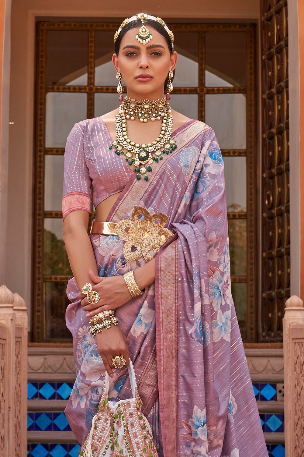 Party Wear Designer Light Purple Saree Contrast Blouse