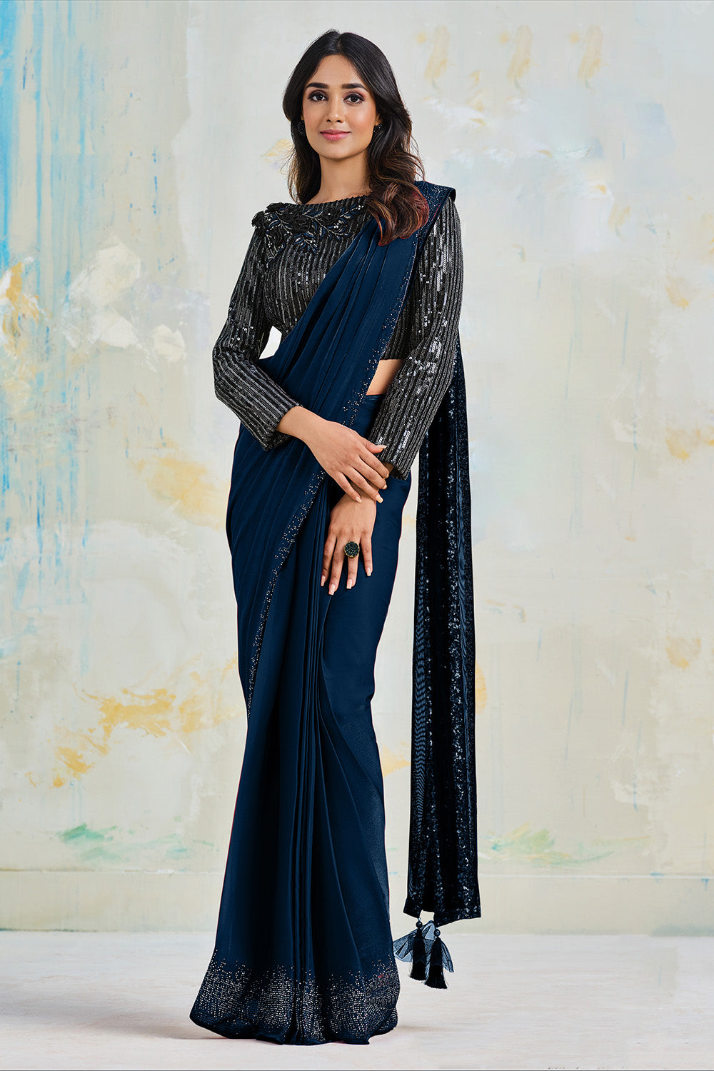 Shop Navy Blue Darpe Saree With Stylish Blouse Online in USA – Pure Elegance