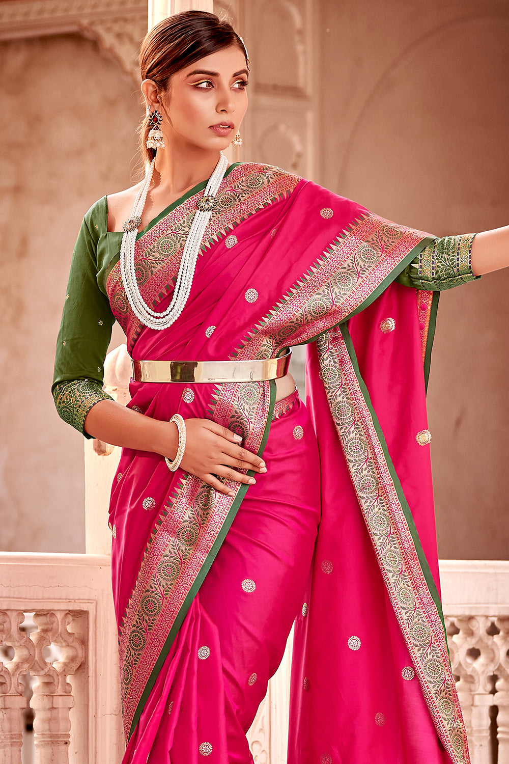 Party Wear Sarees : Rani pink chinon silk ready to wear one ...