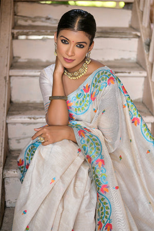 Teal and Cream Muga Cotton Saree With Blouse Piece