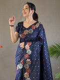 Navy Blue Kanjivaram Silk Saree With Blouse Piece