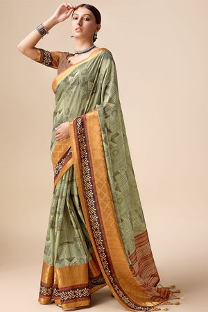 Green Tussar Silk Saree With Blouse Piece