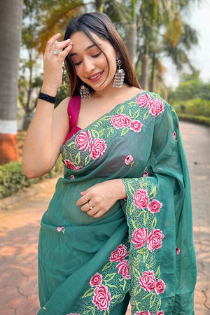 Teal Green Georgette Saree with Pink Blouse Piece