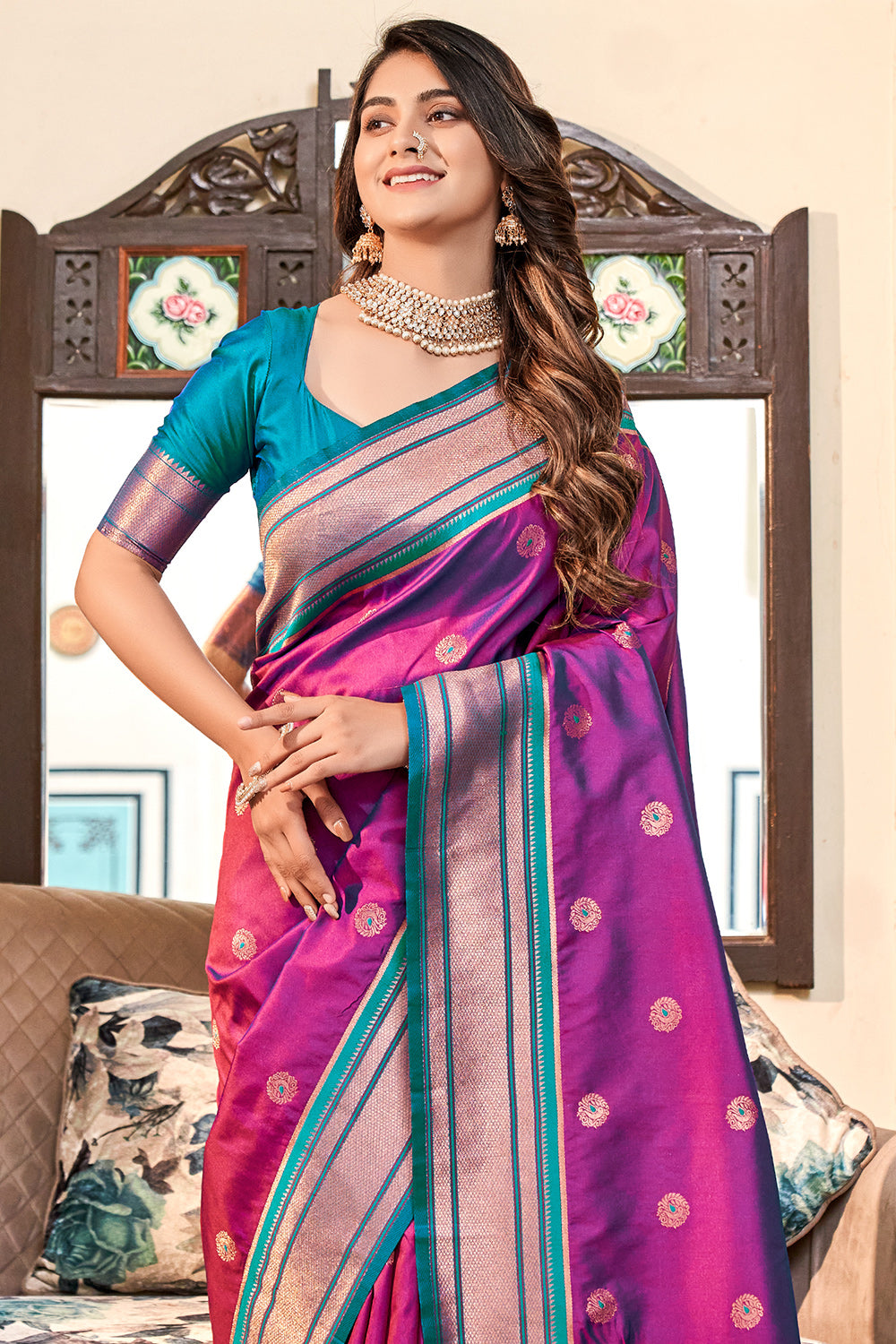 Banarasee Semi-Chiffon Antique Zari Saree Contrast Border Saree-Violet