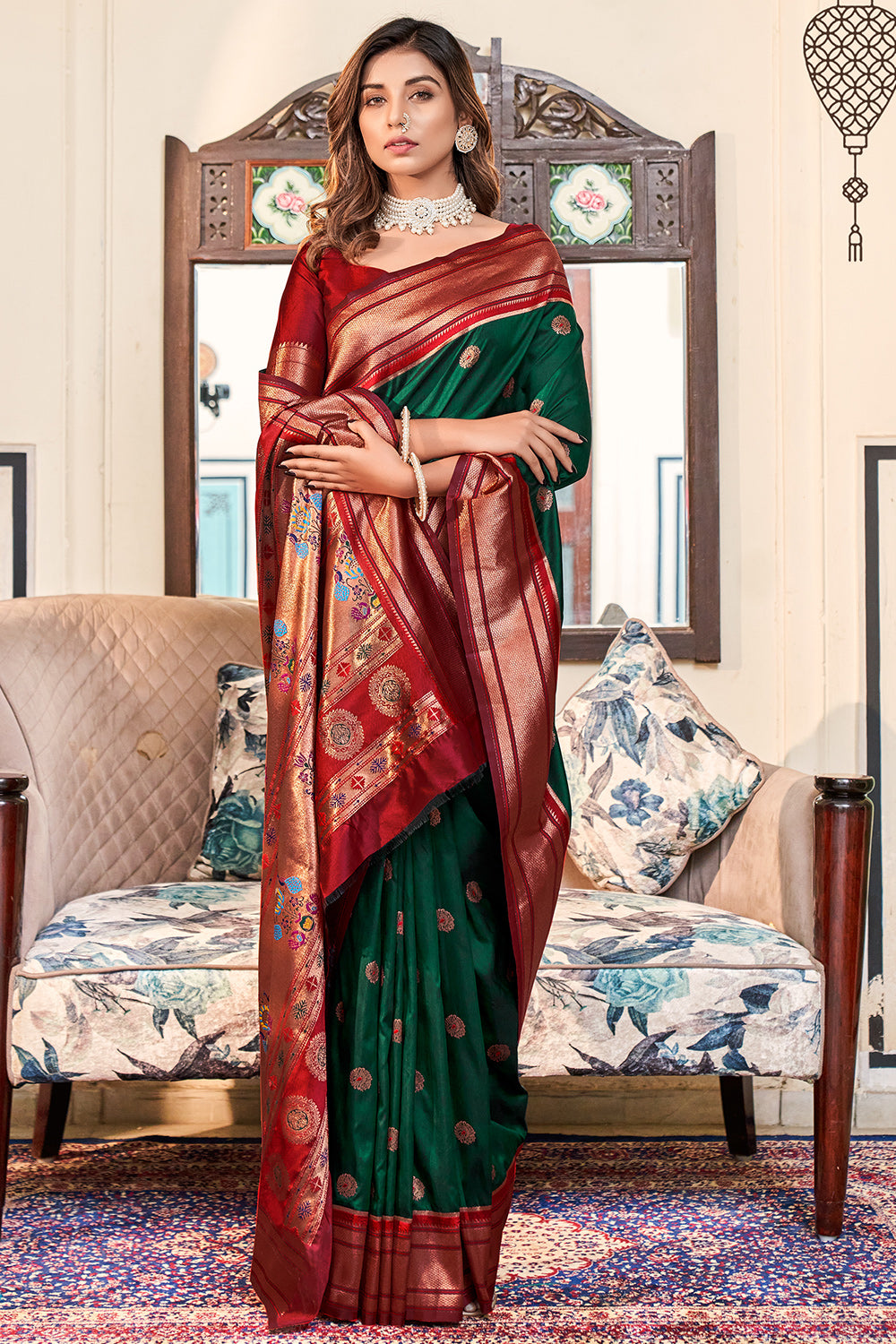 Navy Blue Semi Silk Paithani Saree With Green Pallu