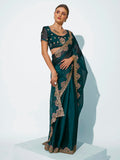 Teal Organza Party Wear Saree With Blouse Piece