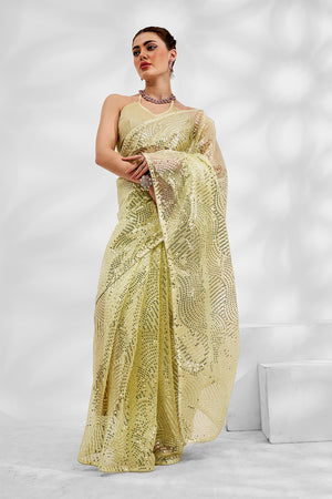 Green Net Saree With Blouse Piece