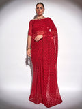 Red Georgette Party Wear Saree With Blouse Piece