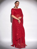 Red Georgette Party Wear Saree With Blouse Piece