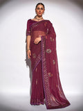 Wine Georgette Party Wear Saree With Blouse Piece