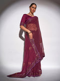 Wine Georgette Party Wear Saree With Blouse Piece