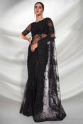 Black Floral Net Saree With Blouse Piece