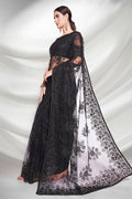 Black Floral Net Saree With Blouse Piece