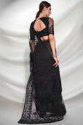 Black Floral Net Saree With Blouse Piece