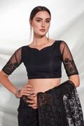 Black Floral Net Saree With Blouse Piece