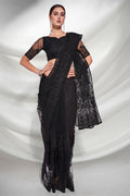 Black Floral Net Saree With Blouse Piece