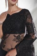 Black Floral Net Saree With Blouse Piece