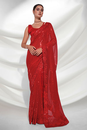 Red Georgette Saree With Blouse Piece