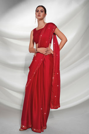 Red Satin Saree With Blouse Piece