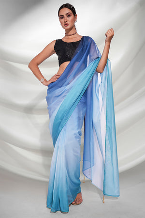 Blue Organza Saree With Blouse Piece