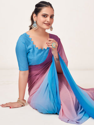 Blue And Wine Georgette Party Wear Saree With Blouse Piece