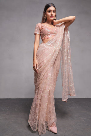 Rose Gold Net Saree With Blouse Piece