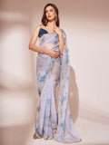 Blue Organza Party Wear Saree With Blouse Piece