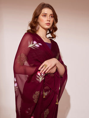 Wine Organza Saree With Blouse Piece