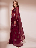 Wine Organza Saree With Blouse Piece