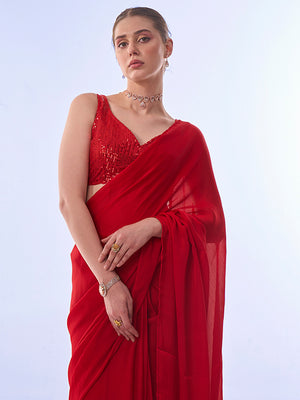 Red Georgette Saree With Blouse Piece