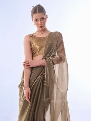 Olive Organza Saree With Blouse Piece