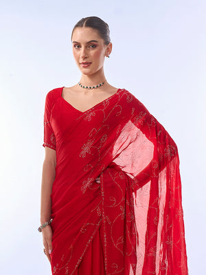 Red Chiffon Saree With Blouse Piece