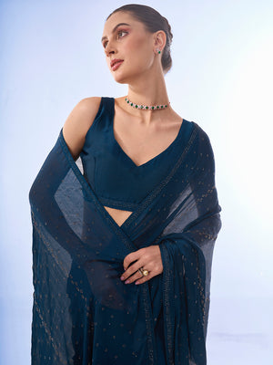 Teal Satin Saree With Blouse Piece