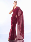 Wine Satin Saree With Blouse Piece